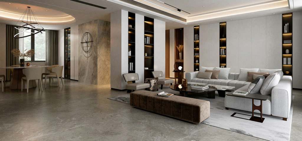 Interior of a modern luxury home build, viewing the dining and living room