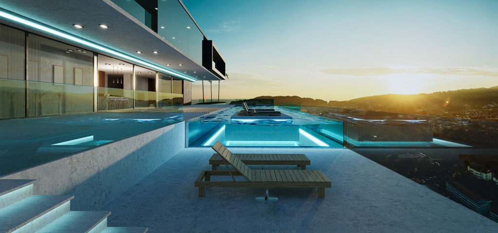 Exterior pool of a luxury home building in Arizona during sunset